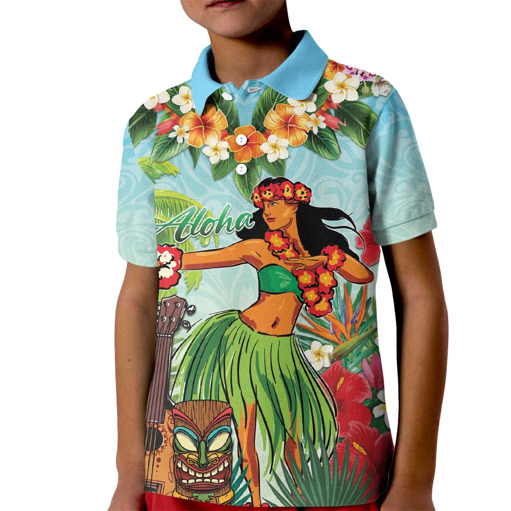 Hawaii Lei Day Kid Polo Shirt Hula Girl With Tropical Forest DT04 Kid Blue - Polynesian Pride