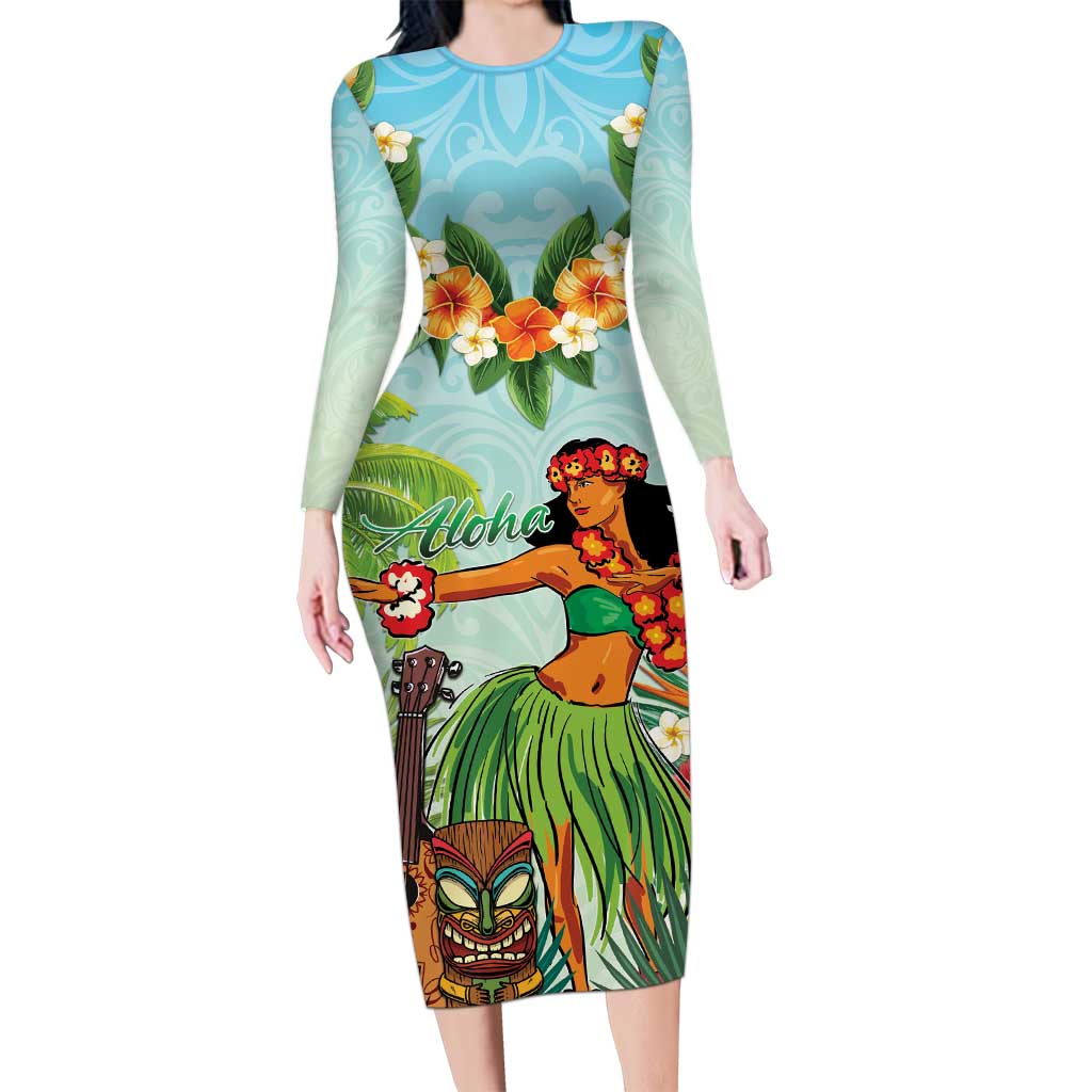 Hawaii Lei Day Long Sleeve Bodycon Dress Hula Girl With Tropical Forest DT04 Long Dress Blue - Polynesian Pride
