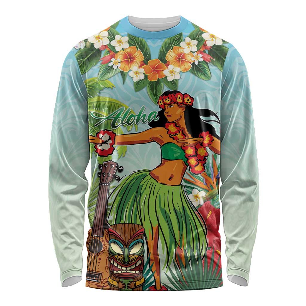 Hawaii Lei Day Long Sleeve Shirt Hula Girl With Tropical Forest DT04 Unisex Blue - Polynesian Pride
