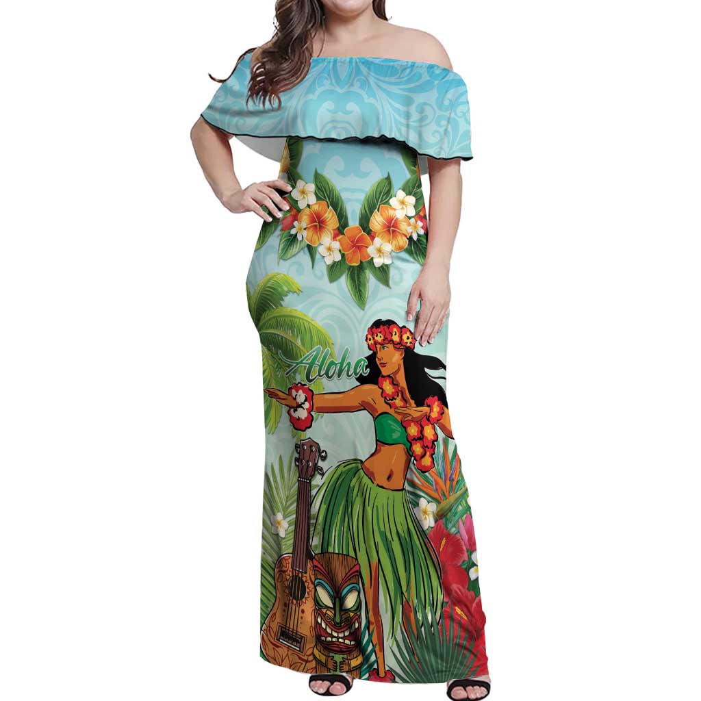 Hawaii Lei Day Off Shoulder Maxi Dress Hula Girl With Tropical Forest