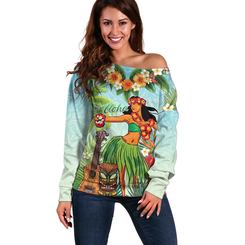 Hawaii Lei Day Off Shoulder Sweater Hula Girl With Tropical Forest