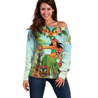 Hawaii Lei Day Off Shoulder Sweater Hula Girl With Tropical Forest DT04 Women Blue - Polynesian Pride