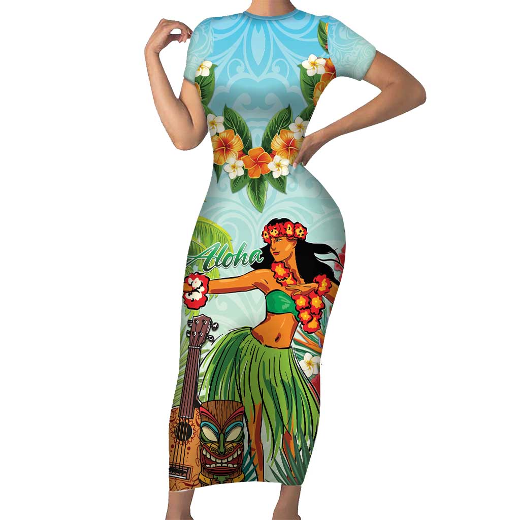 Hawaii Lei Day Short Sleeve Bodycon Dress Hula Girl With Tropical Forest