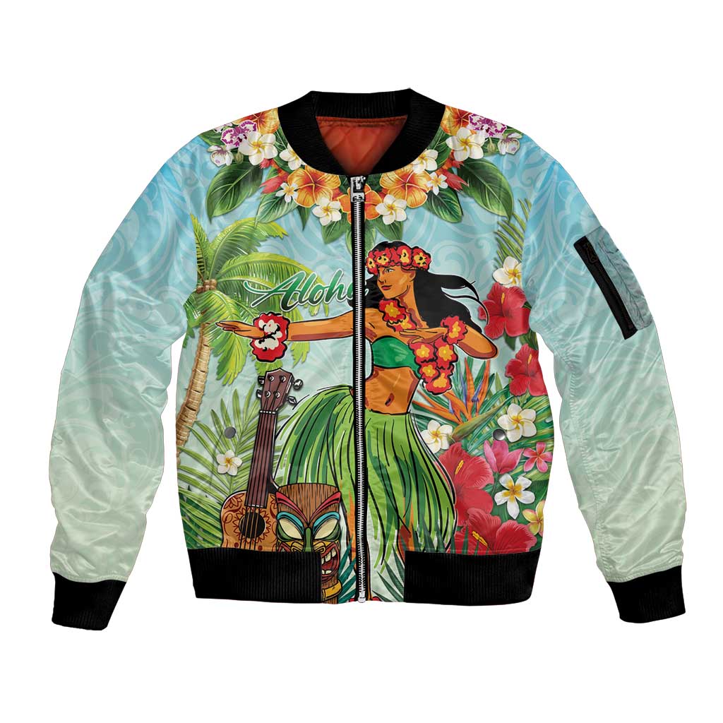 Hawaii Lei Day Sleeve Zip Bomber Jacket Hula Girl With Tropical Forest DT04 Unisex Blue - Polynesian Pride