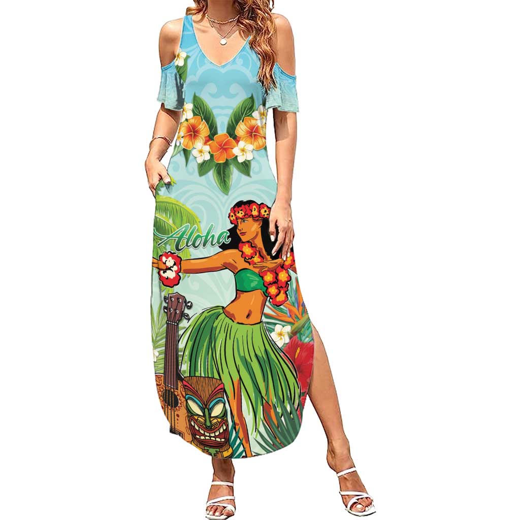 Hawaii Lei Day Summer Maxi Dress Hula Girl With Tropical Forest