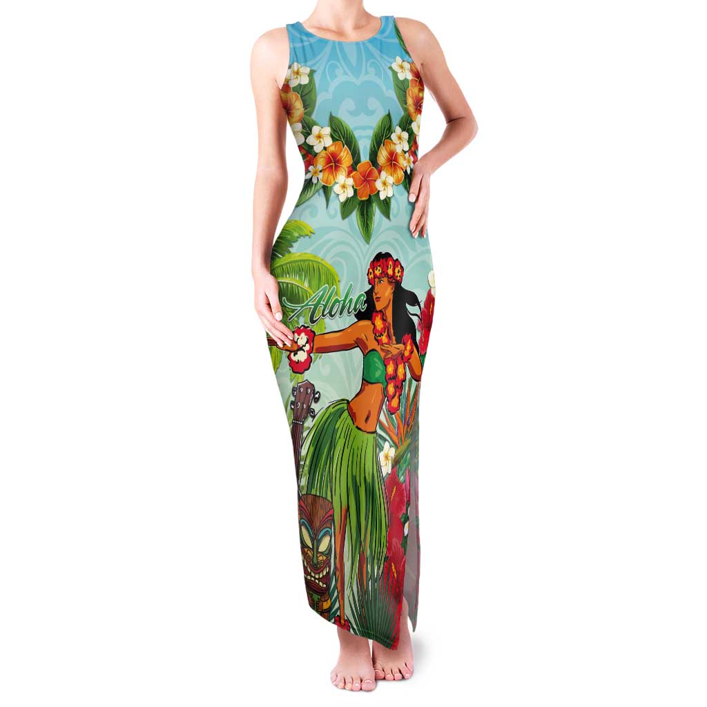 Hawaii Lei Day Tank Maxi Dress Hula Girl With Tropical Forest