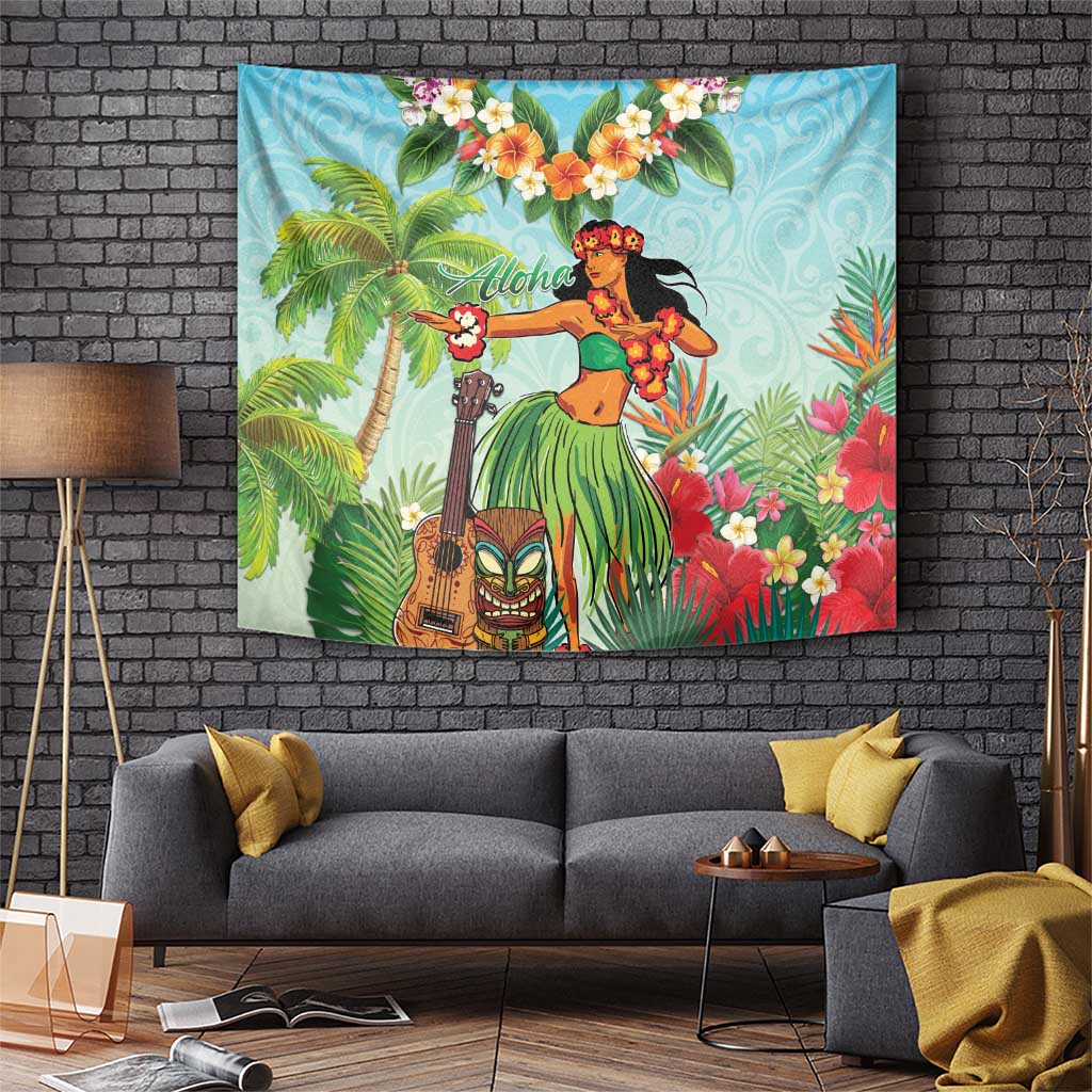 Hawaii Lei Day Tapestry Hula Girl With Tropical Forest DT04 Blue - Polynesian Pride