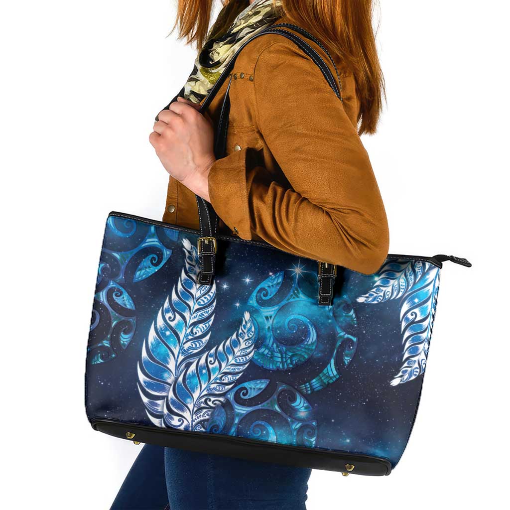 New Zealand Matariki Leather Tote Bag Maori Koru Mix Silver Fern DT04 Blue - Polynesian Pride