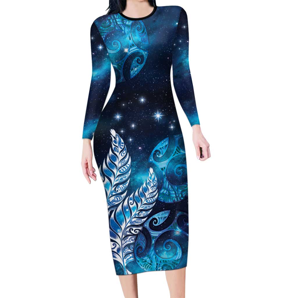 New Zealand Matariki Long Sleeve Bodycon Dress Maori Koru Mix Silver Fern