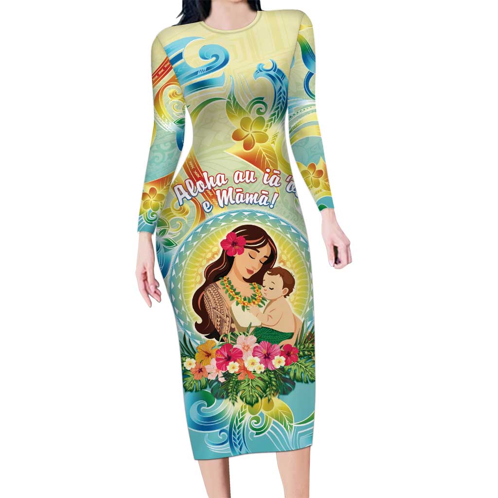 Personalised Hawaii Mother's Day Long Sleeve Bodycon Dress I Love You Mom DT04 Long Dress Yellow - Polynesian Pride