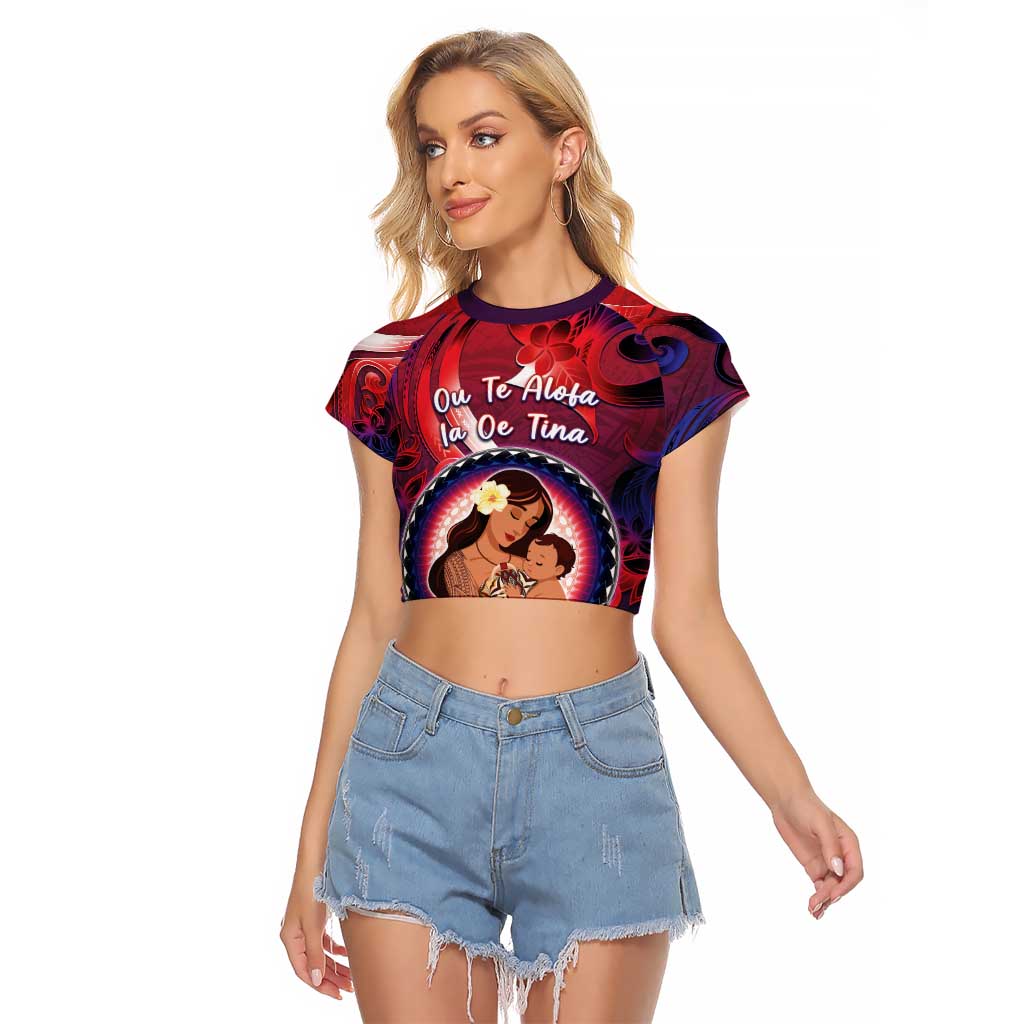 Personalised Samoa Mother's Day Raglan Cropped T Shirt I Love You Mom DT04 Female Red - Polynesian Pride