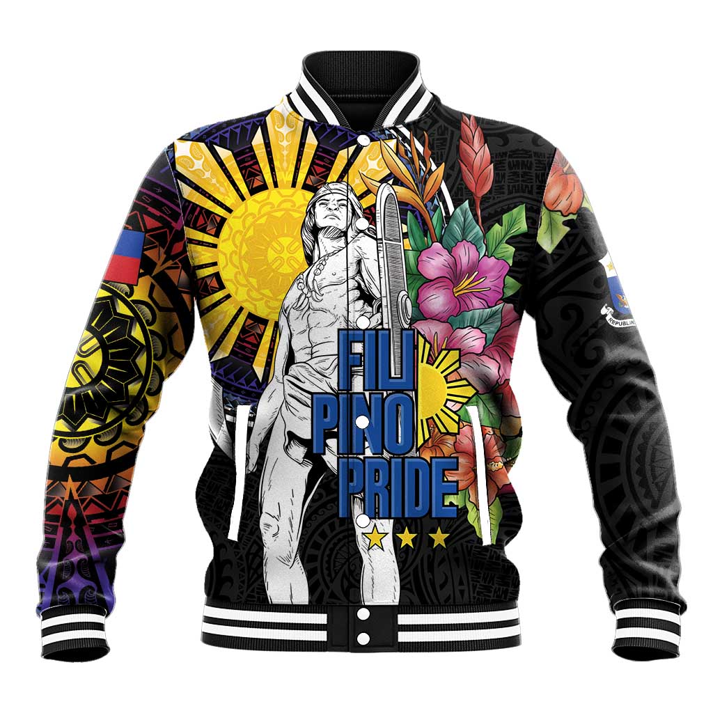 Filipinos Lapu-Lapu Hero Philippines Baseball Jacket Hibiscus Flowers Style DT04 Unisex Black - Polynesian Pride
