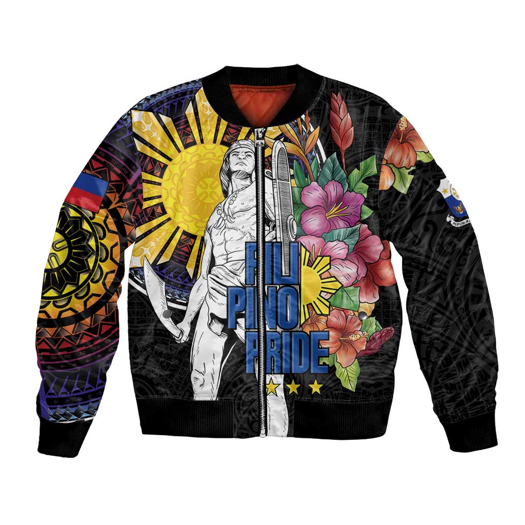 Filipinos Lapu-Lapu Hero Philippines Bomber Jacket Hibiscus Flowers Style DT04 Unisex Black - Polynesian Pride