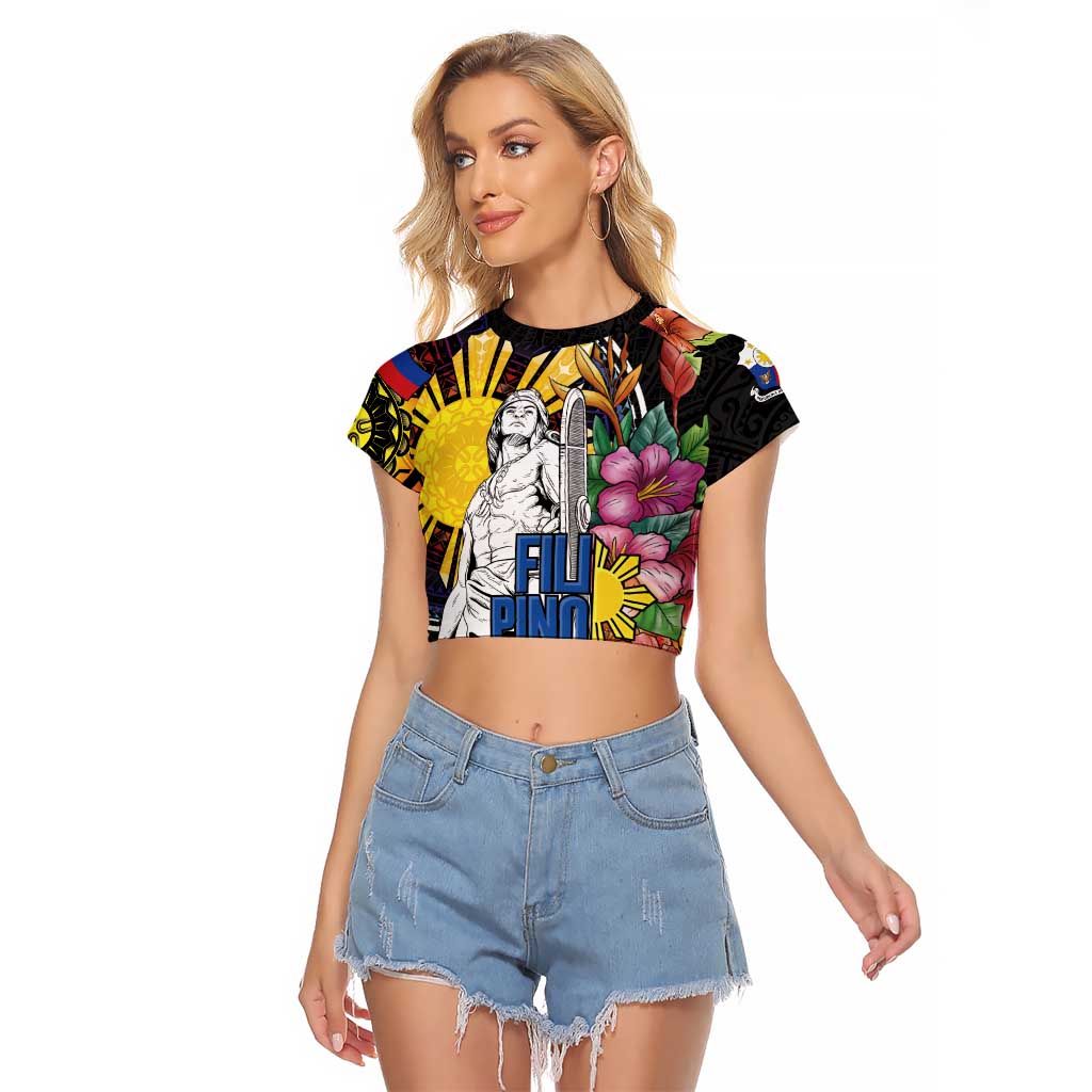 Filipinos Lapu-Lapu Hero Philippines Raglan Cropped T Shirt Hibiscus Flowers Style DT04 Female Black - Polynesian Pride