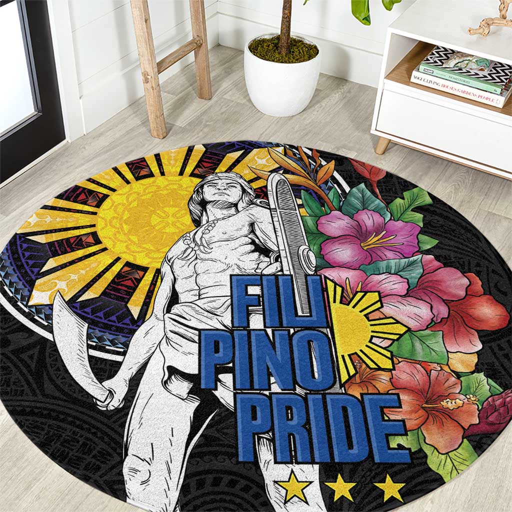 Filipinos Lapu-Lapu Hero Philippines Round Carpet Hibiscus Flowers Style DT04 Black - Polynesian Pride
