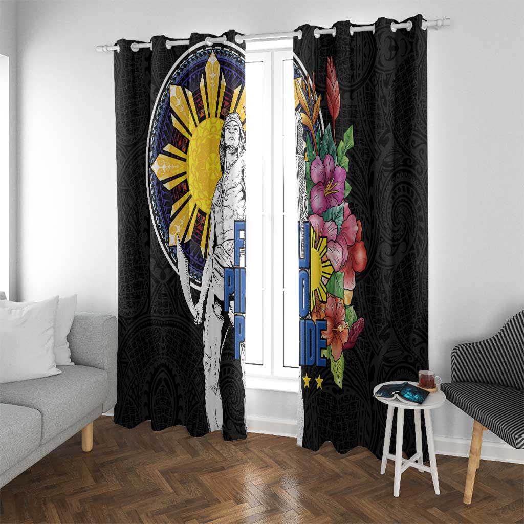 Filipinos Lapu-Lapu Hero Philippines Window Curtain Hibiscus Flowers Style DT04 With Grommets Black - Polynesian Pride