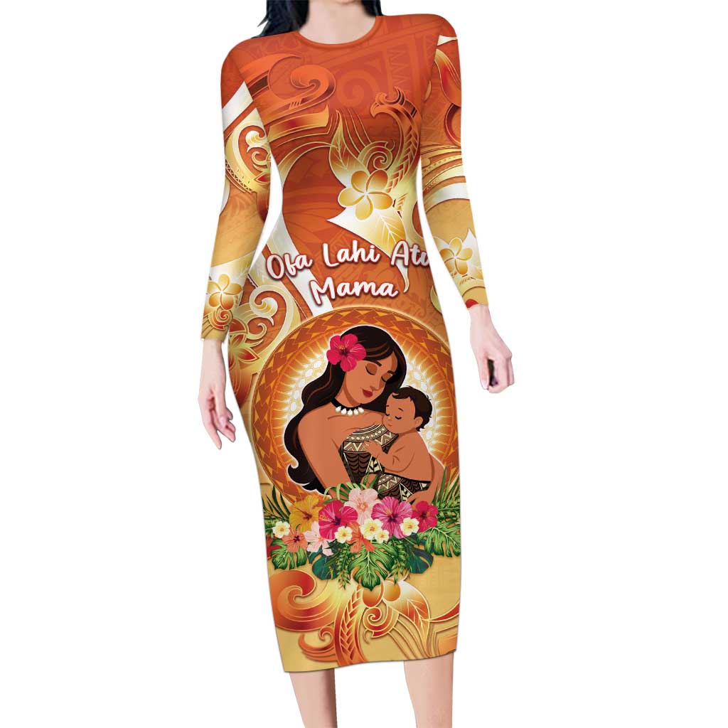 Personalised Tonga Mother's Day Long Sleeve Bodycon Dress I Love You Mom DT04 Long Dress Orange - Polynesian Pride