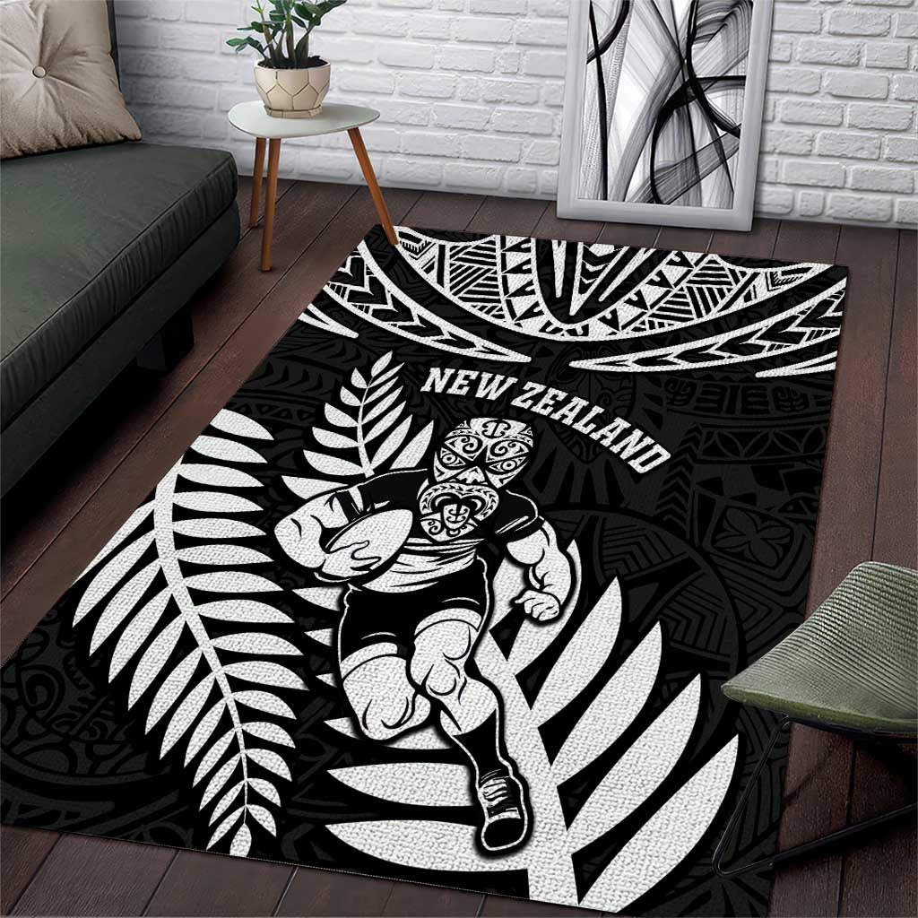 New Zealand Rugby Area Rug Silver Fern Maori Pattern DT04 Black - Polynesian Pride