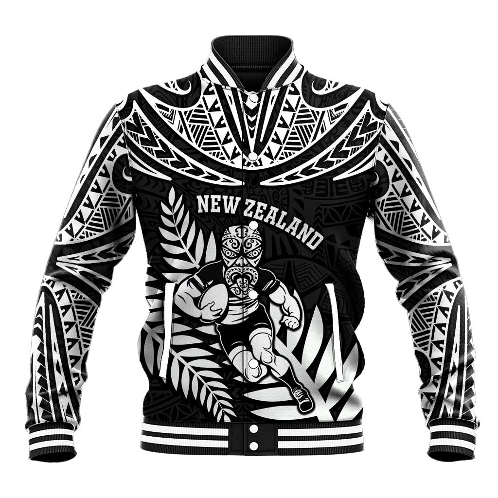 Custom New Zealand Rugby Baseball Jacket Silver Fern Maori Pattern DT04 Unisex Black - Polynesian Pride