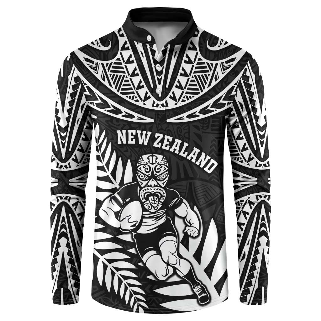 Custom New Zealand Rugby Button Sweatshirt Silver Fern Maori Pattern DT04 Black - Polynesian Pride