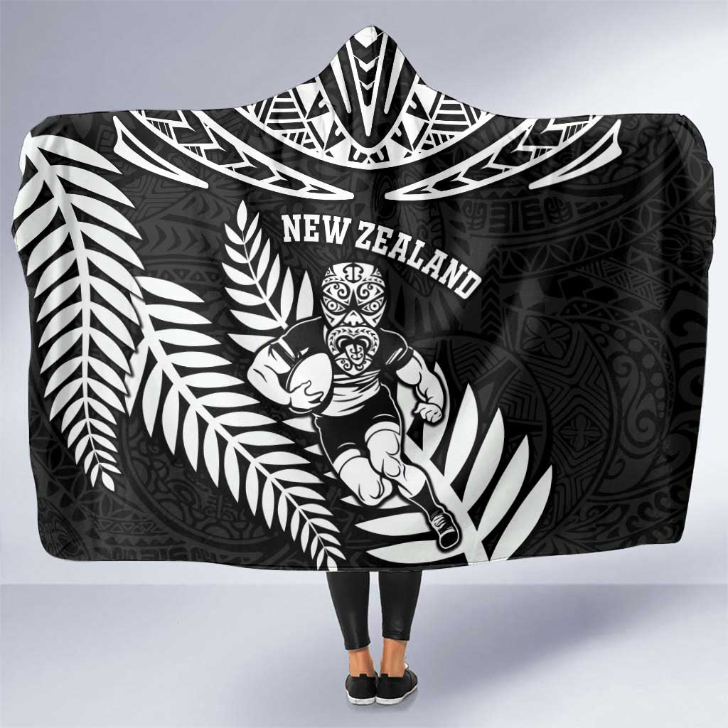 New Zealand Rugby Hooded Blanket Silver Fern Maori Pattern DT04 One Size Black - Polynesian Pride