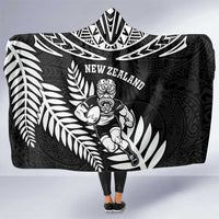 New Zealand Rugby Hooded Blanket Silver Fern Maori Pattern DT04 One Size Black - Polynesian Pride