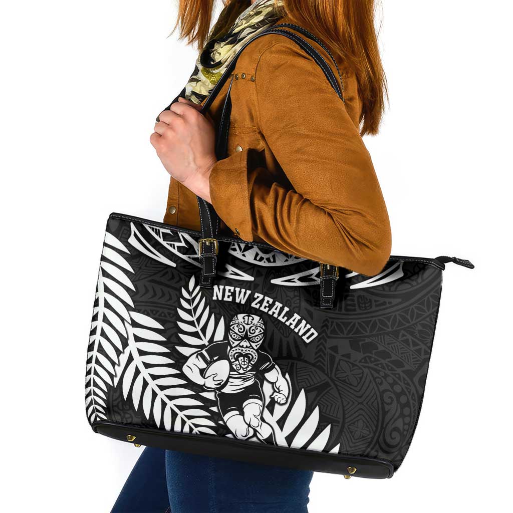 New Zealand Rugby Leather Tote Bag Silver Fern Maori Pattern DT04 Black - Polynesian Pride