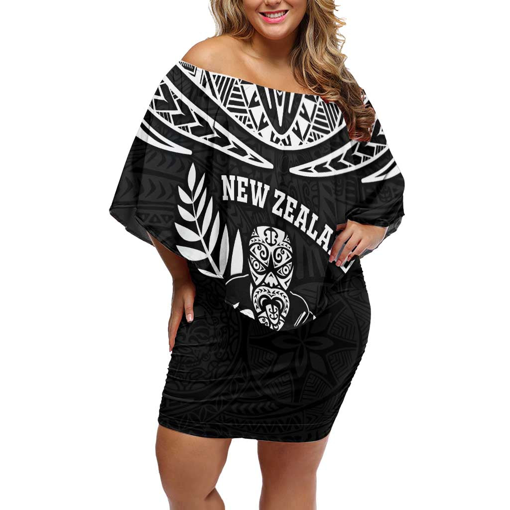 Custom New Zealand Rugby Off Shoulder Short Dress Silver Fern Maori Pattern DT04 Women Black - Polynesian Pride