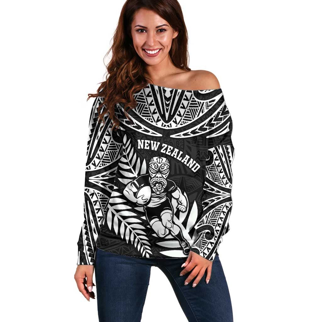Custom New Zealand Rugby Off Shoulder Sweater Silver Fern Maori Pattern DT04 Women Black - Polynesian Pride