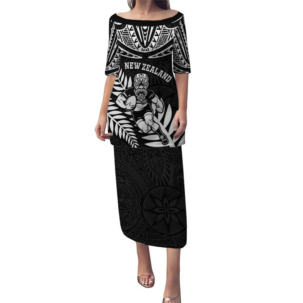 Custom New Zealand Rugby Puletasi Silver Fern Maori Pattern DT04 Long Dress Black - Polynesian Pride