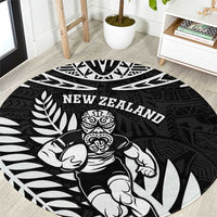 New Zealand Rugby Round Carpet Silver Fern Maori Pattern DT04 Black - Polynesian Pride