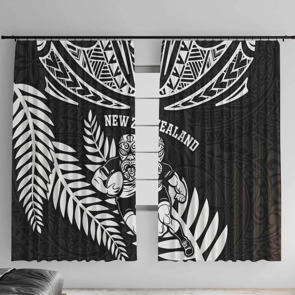 New Zealand Rugby Window Curtain Silver Fern Maori Pattern DT04 With Hooks Black - Polynesian Pride