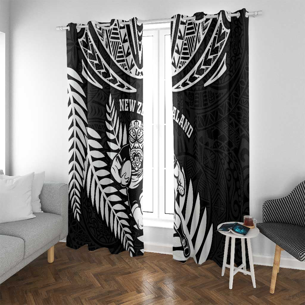 New Zealand Rugby Window Curtain Silver Fern Maori Pattern DT04 With Grommets Black - Polynesian Pride