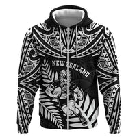 Custom New Zealand Rugby Zip Hoodie Silver Fern Maori Pattern DT04 Zip Hoodie Black - Polynesian Pride