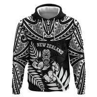 Custom New Zealand Rugby Zip Hoodie Silver Fern Maori Pattern DT04 Pullover Hoodie Black - Polynesian Pride