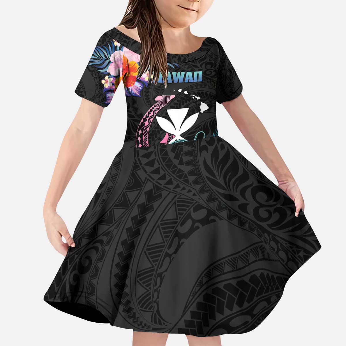 Personalised Hawaii Kid Short Sleeve Dress Kanaka Maoli With Fish Hook DT04 KID Black - Polynesian Pride