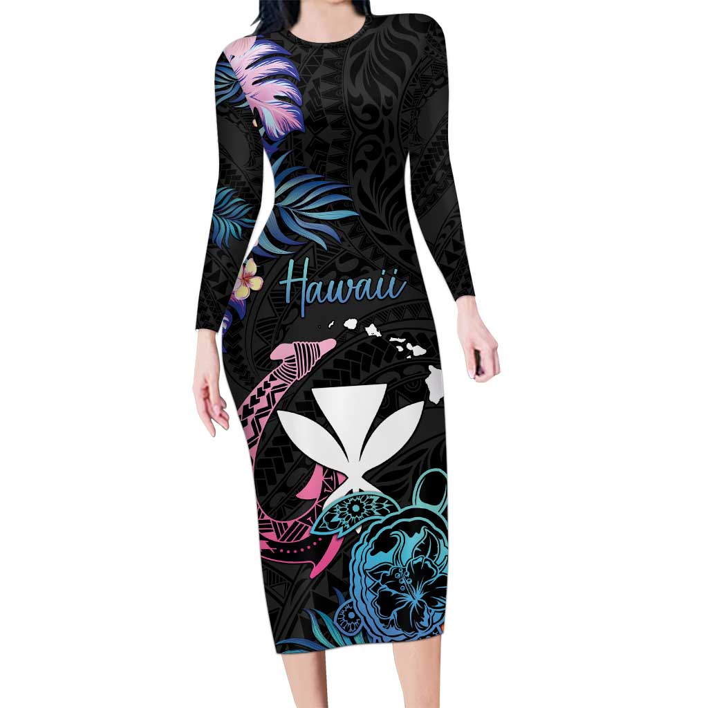 Personalised Hawaii Long Sleeve Bodycon Dress Kanaka Maoli With Fish Hook DT04 Long Dress Black - Polynesian Pride