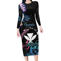 Personalised Hawaii Long Sleeve Bodycon Dress Kanaka Maoli With Fish Hook DT04 Long Dress Black - Polynesian Pride