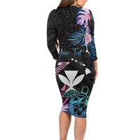Personalised Hawaii Long Sleeve Bodycon Dress Kanaka Maoli With Fish Hook DT04 - Polynesian Pride