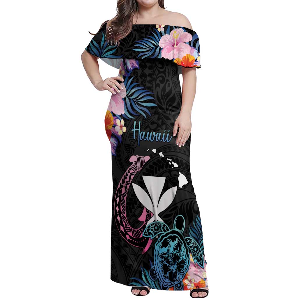 Personalised Hawaii Off Shoulder Maxi Dress Kanaka Maoli With Fish Hook DT04 Women Black - Polynesian Pride