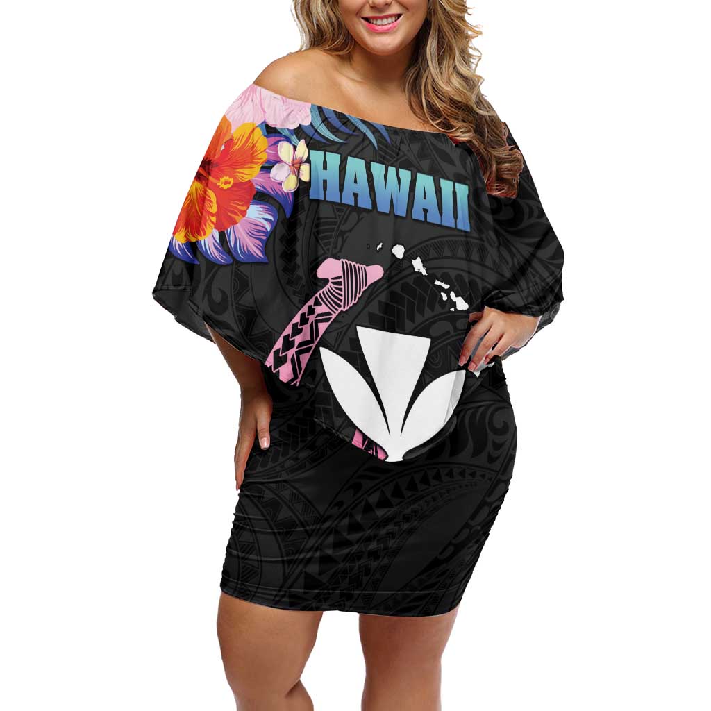 Personalised Hawaii Off Shoulder Short Dress Kanaka Maoli With Fish Hook DT04 Women Black - Polynesian Pride