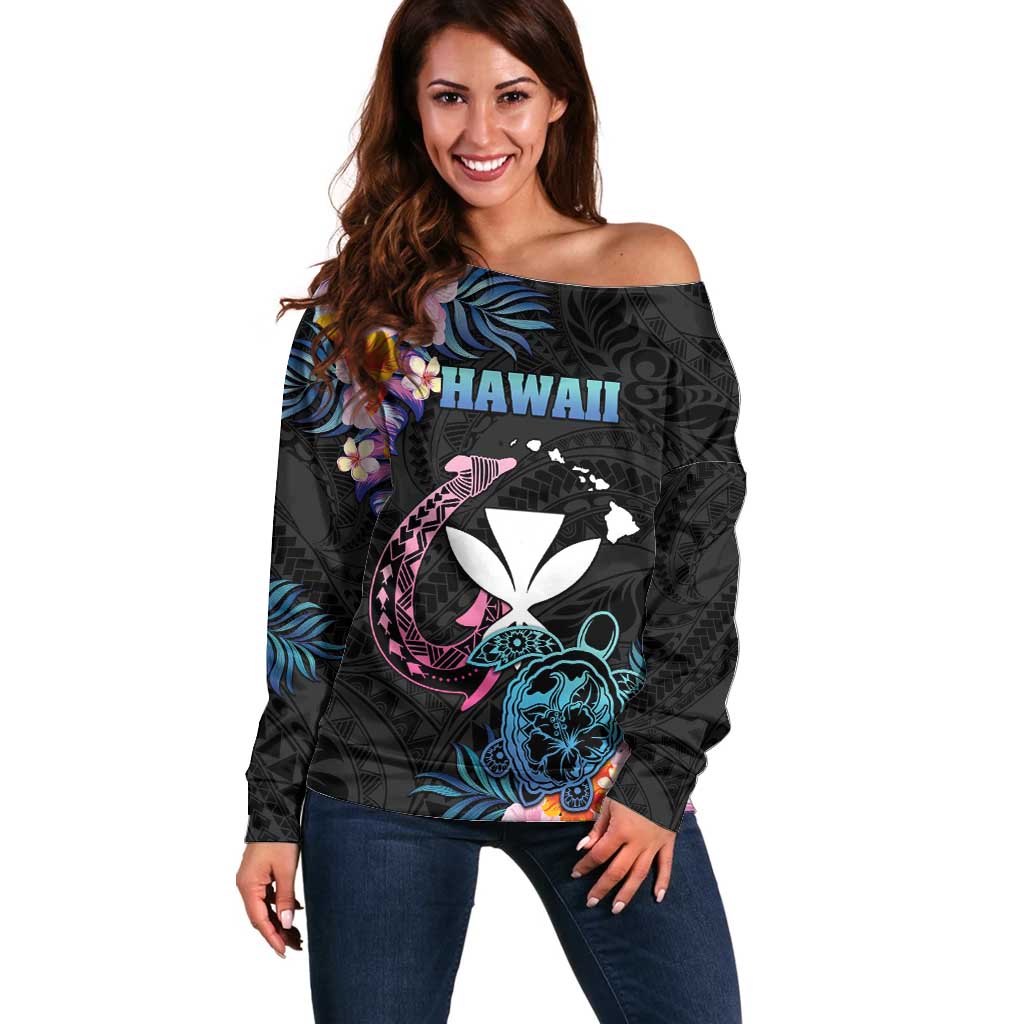 Personalised Hawaii Off Shoulder Sweater Kanaka Maoli With Fish Hook DT04 Women Black - Polynesian Pride