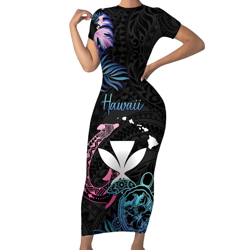 Personalised Hawaii Short Sleeve Bodycon Dress Kanaka Maoli With Fish Hook DT04 Long Dress Black - Polynesian Pride