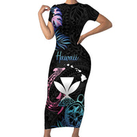 Personalised Hawaii Short Sleeve Bodycon Dress Kanaka Maoli With Fish Hook DT04 Long Dress Black - Polynesian Pride
