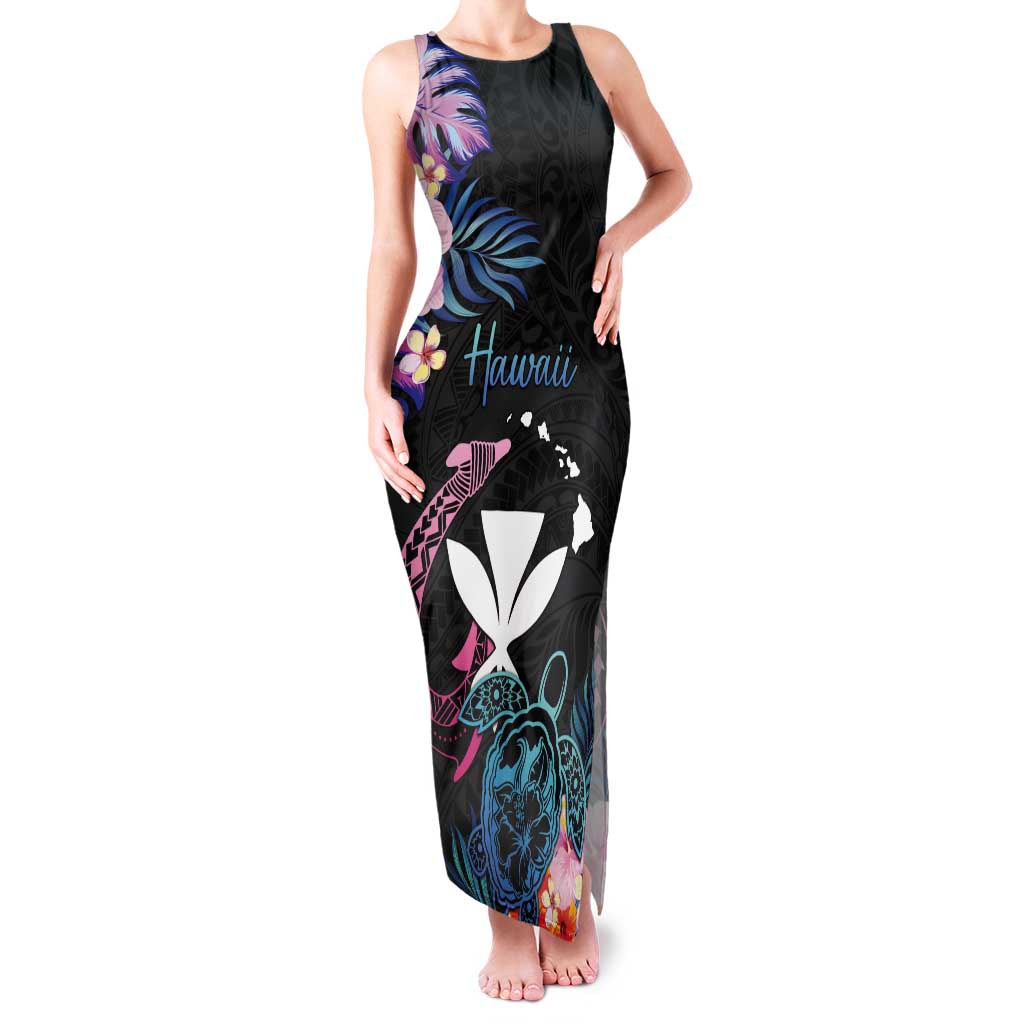 Personalised Hawaii Tank Maxi Dress Kanaka Maoli With Fish Hook DT04 Women Black - Polynesian Pride