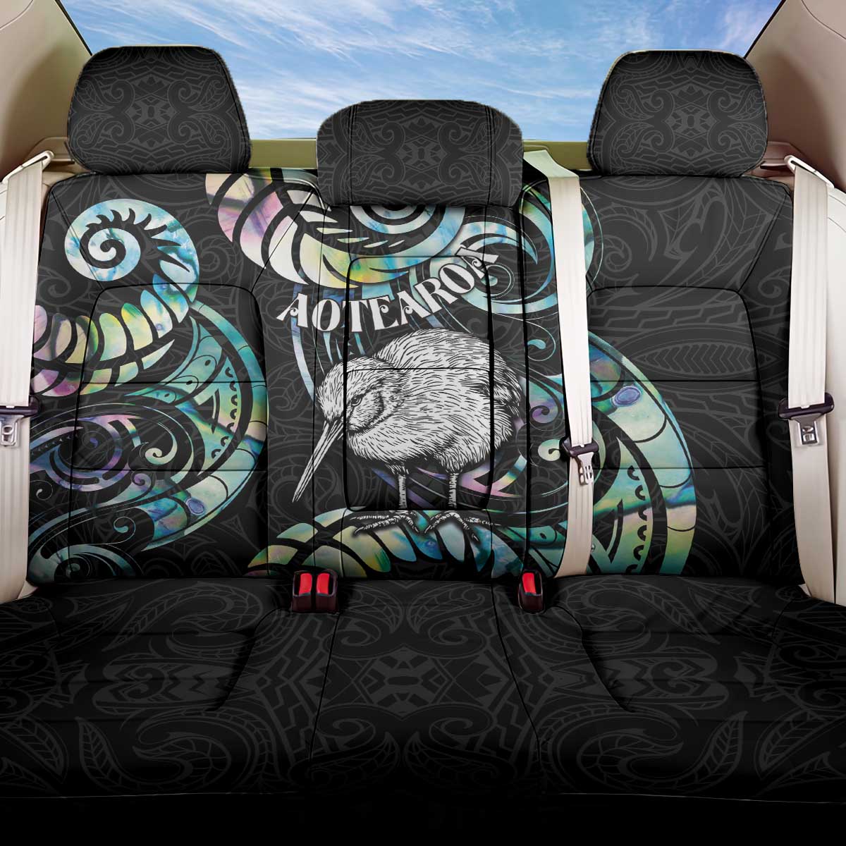 New Zealand Kiwi Bird Back Car Seat Cover Silver Fern Koru Paua Shell DT04 One Size Black - Polynesian Pride