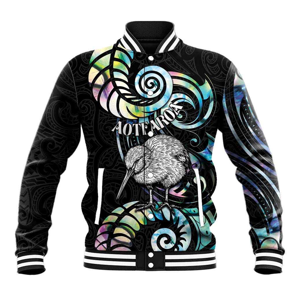 New Zealand Kiwi Bird Baseball Jacket Silver Fern Koru Paua Shell DT04 Unisex Black - Polynesian Pride