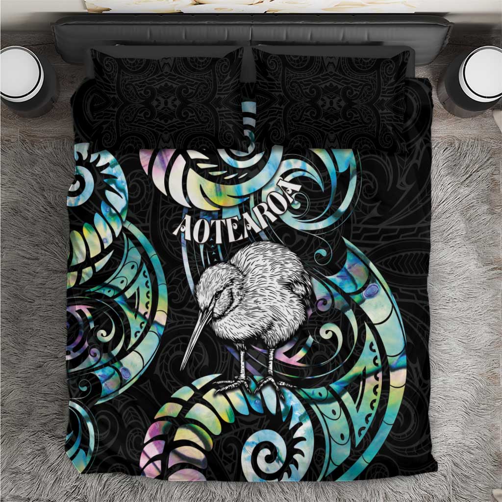 New Zealand Kiwi Bird Bedding Set Silver Fern Koru Paua Shell DT04 Black - Polynesian Pride