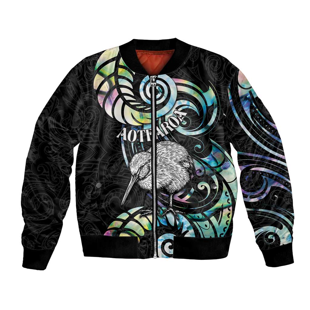 New Zealand Kiwi Bird Bomber Jacket Silver Fern Koru Paua Shell DT04 Unisex Black - Polynesian Pride