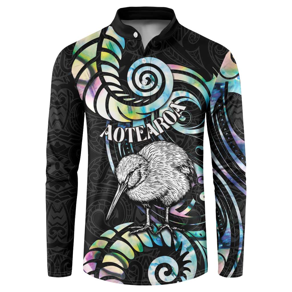 New Zealand Kiwi Bird Button Sweatshirt Silver Fern Koru Paua Shell DT04 Black - Polynesian Pride